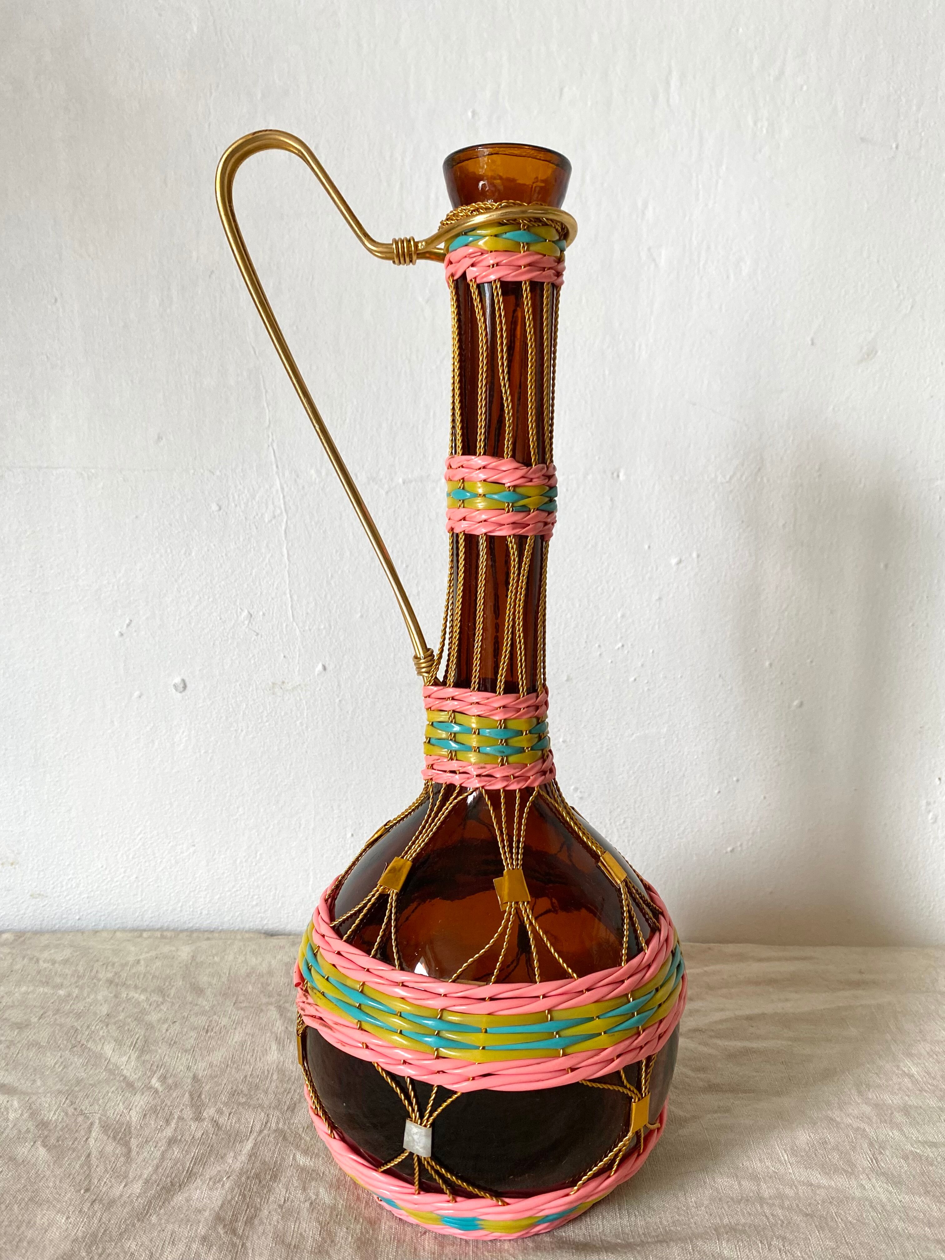 Vintage amber glass bottle scoubidou