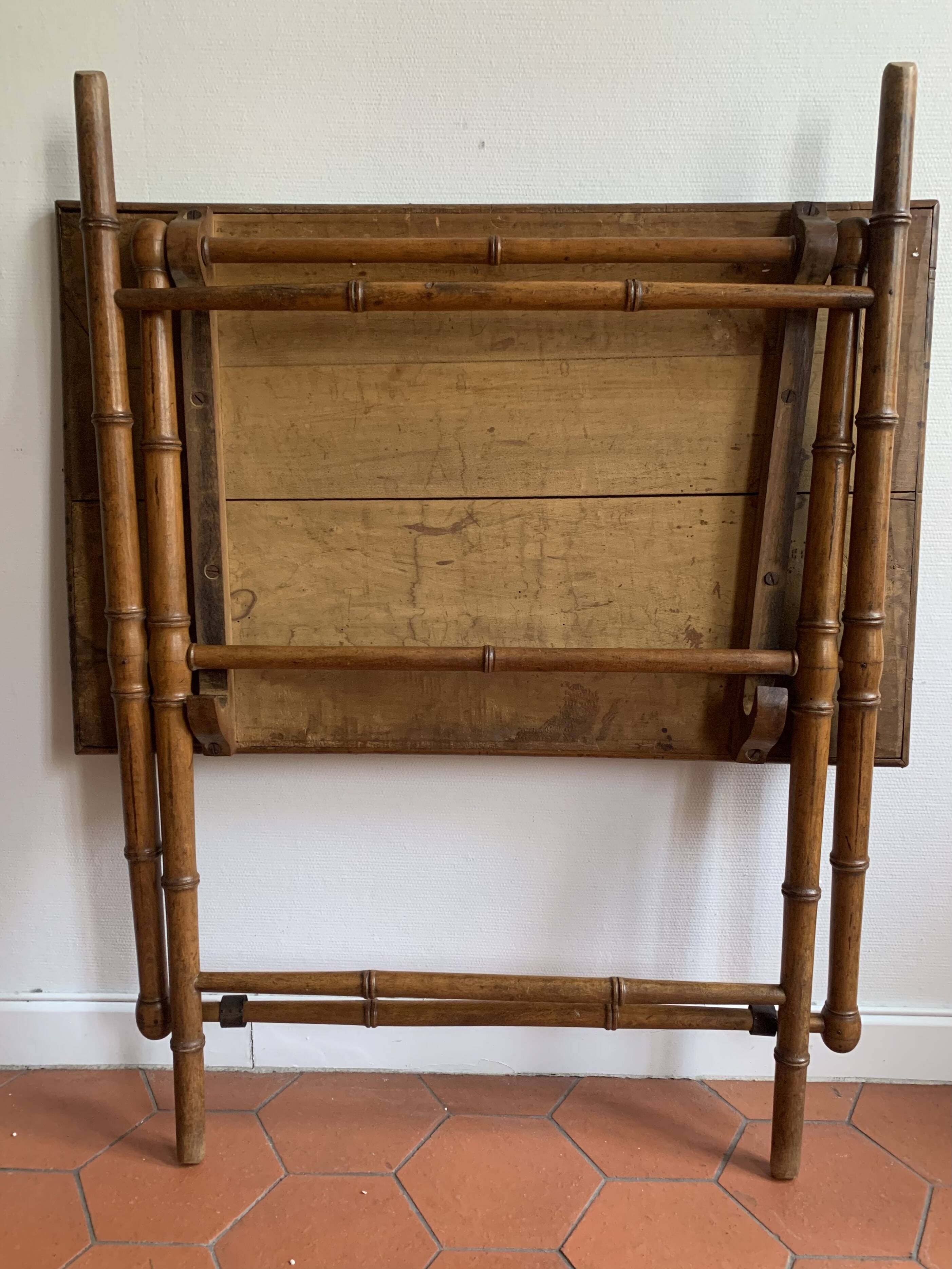 Folding table in bamboo-style wood and woven top, Napoleon III