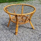 Round rattan coffee table with glass top from the 70s
