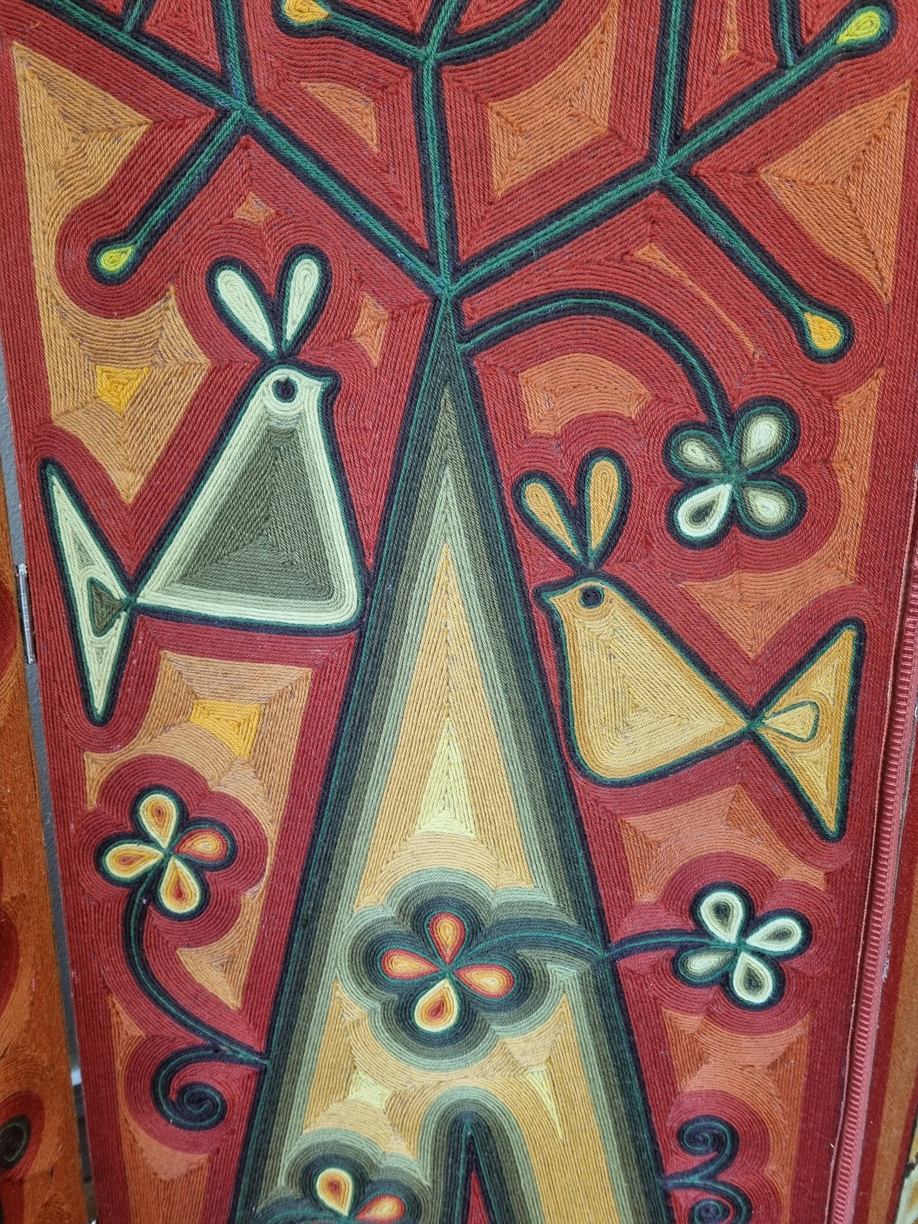 Screen decorated with wool threads, "Huichol" art, Sofia Ribeira, 120 cm