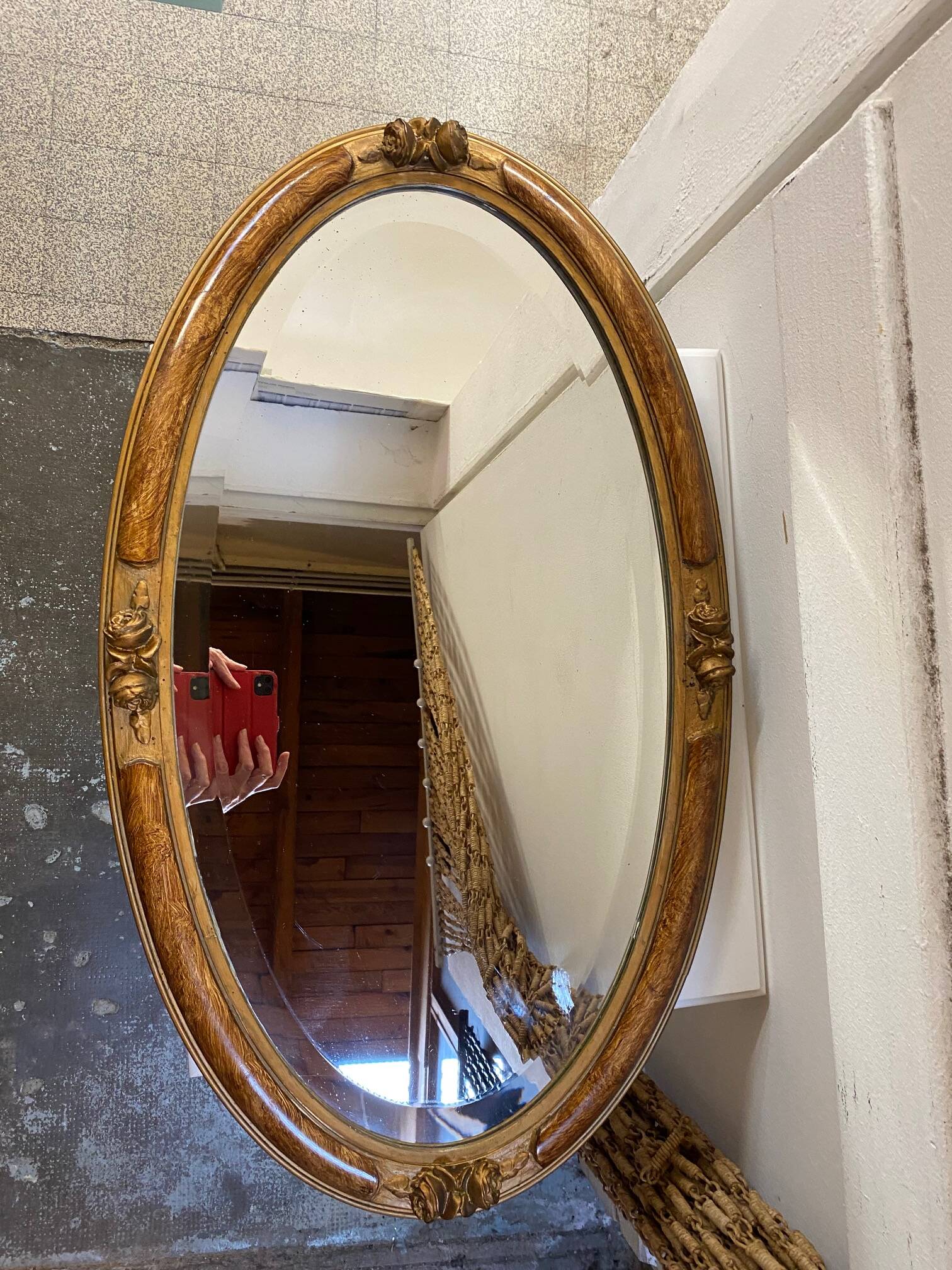 OVAL ART NOUVEAU MIRROR WITH ROSE DECOR AND PAINTED WOOD BEVELED GLASS