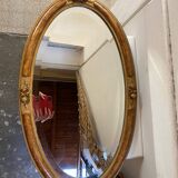 OVAL ART NOUVEAU MIRROR WITH ROSE DECOR AND PAINTED WOOD BEVELED GLASS