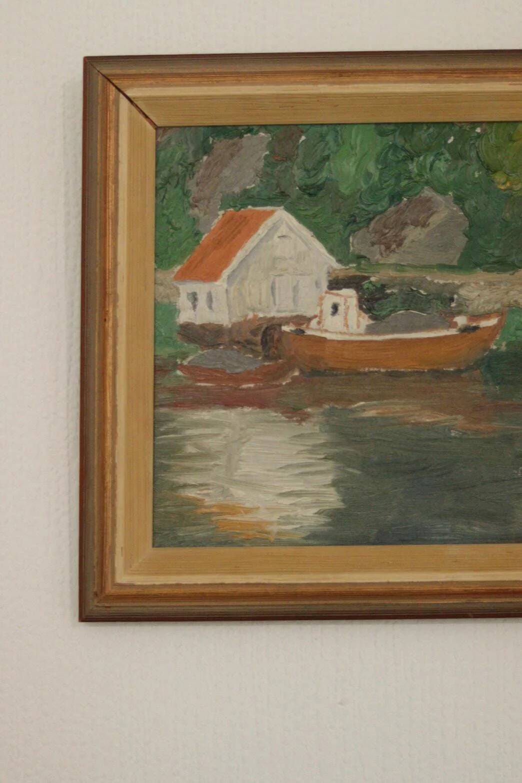 Huile sur toile originale européenne — Maison au bord du lac