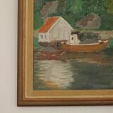 Huile sur toile originale européenne — Maison au bord du lac