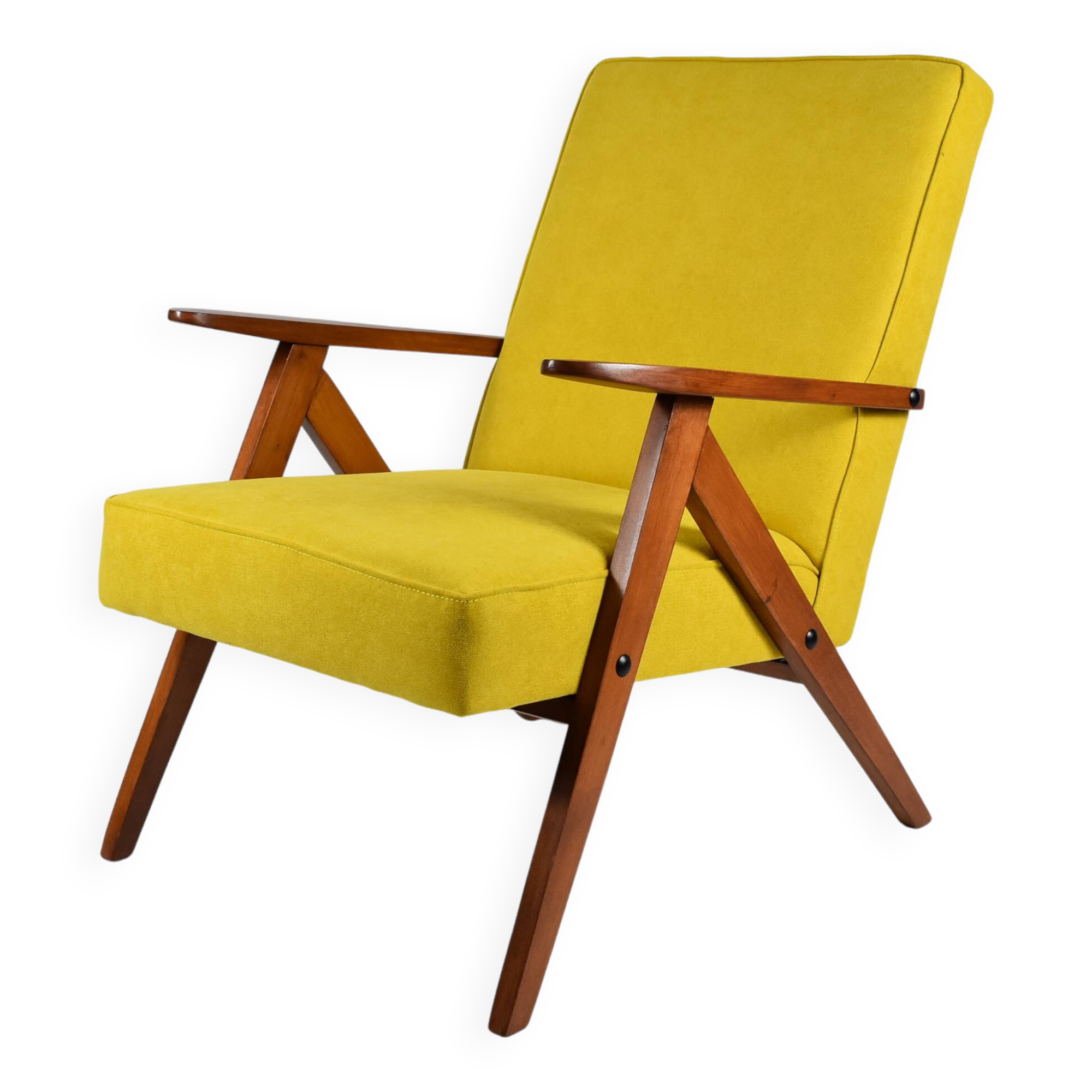 Fauteuil vintage original restauré des années 60, jaune, teck