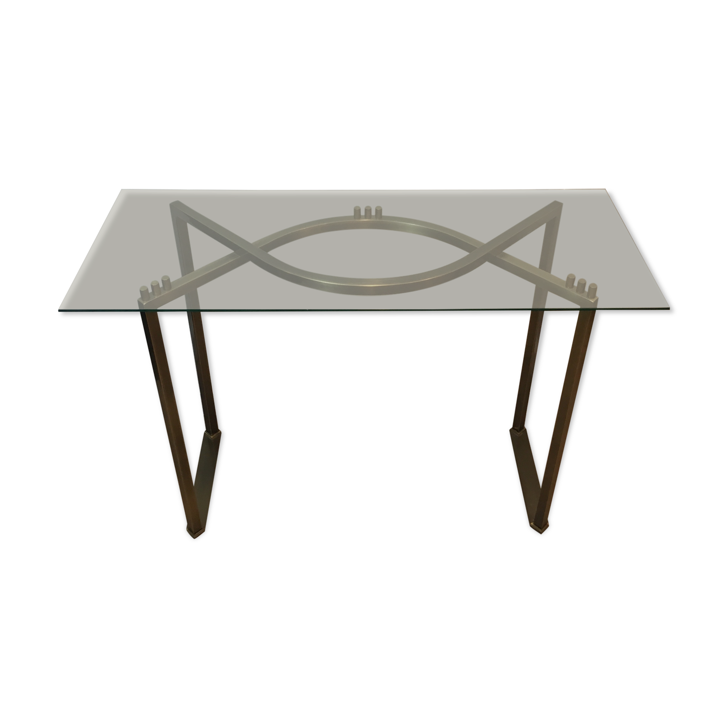 Console in brushed steel and brass and tray formed of a glass slab. French work. Around 1970