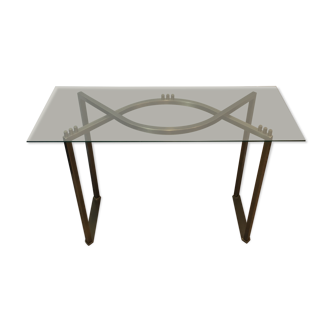 Console in brushed steel and brass and tray formed of a glass slab. French work. Around 1970