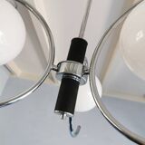 Chrome chandelier with 3 white glass spheres, 70s