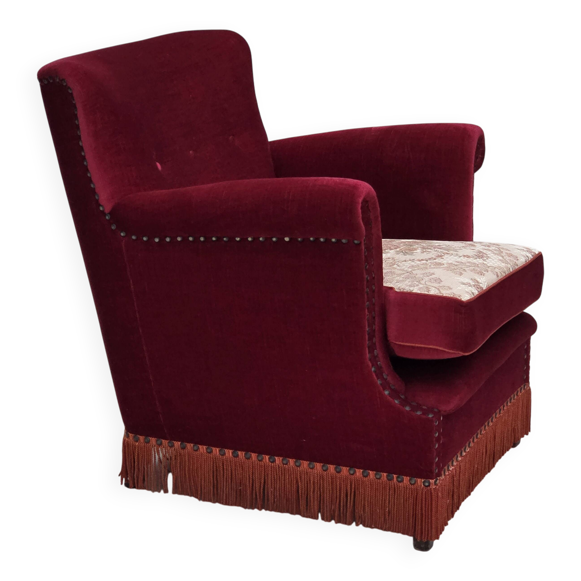 1970s, Danish armchair, furniture velour, ash wood legs.