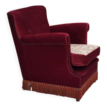 1970s, Danish armchair, furniture velour, ash wood legs.