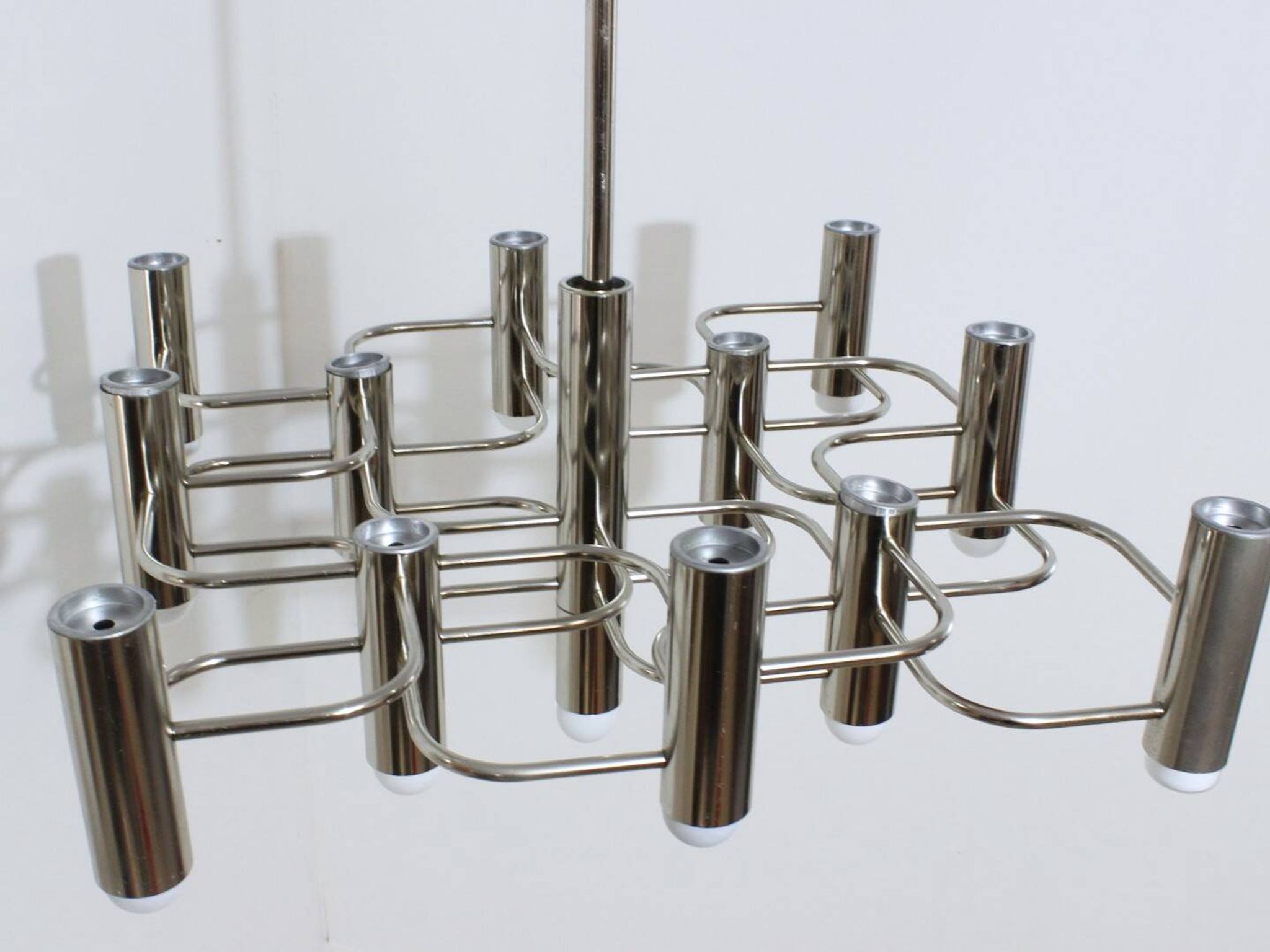 Sciolari chrome modernist design chandelier, Italy 1970s
