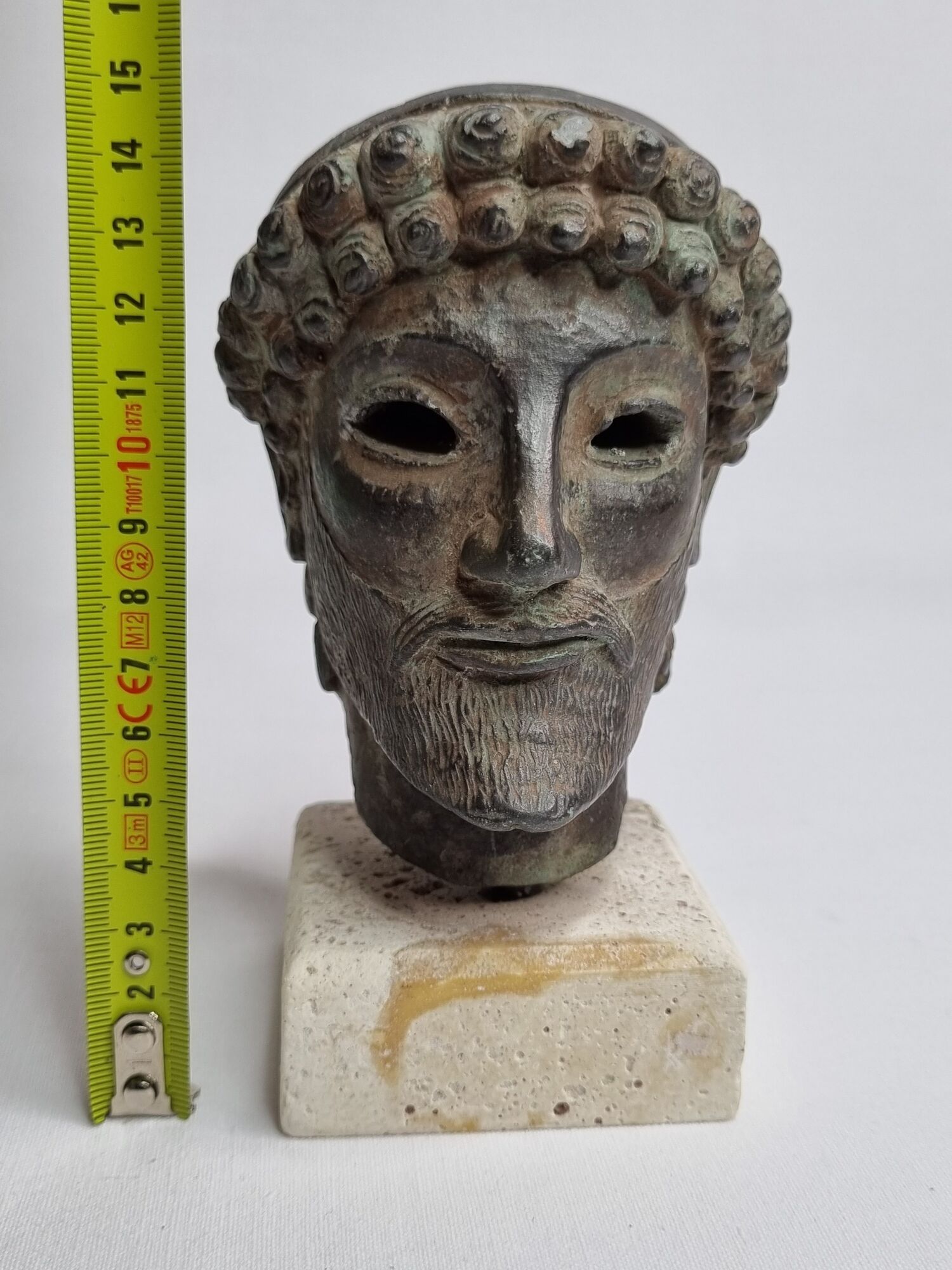 Head of Zeus in patinated plaster in imitation of bronze, 15 cm