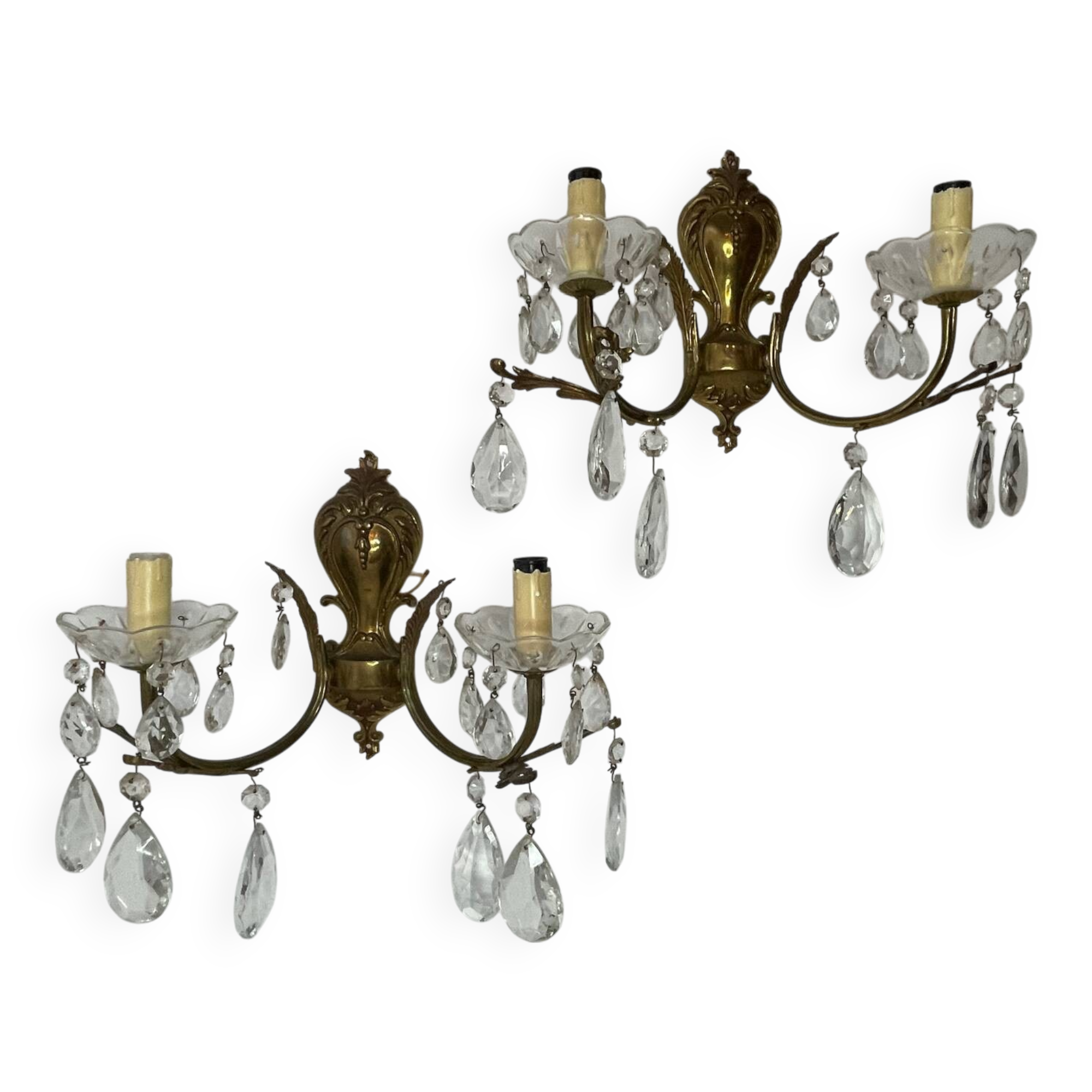 Pair of bronze and crystal wall lights