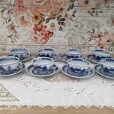 Set of 8 tea cups and sub-cups décor blue Asian landscape