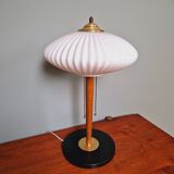 Large Scandinavian table lamp in white opaline glass and teak