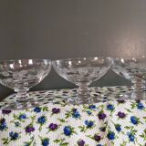 3 Art Deco Champagne Coupes in Engraved Crystal with Daisies