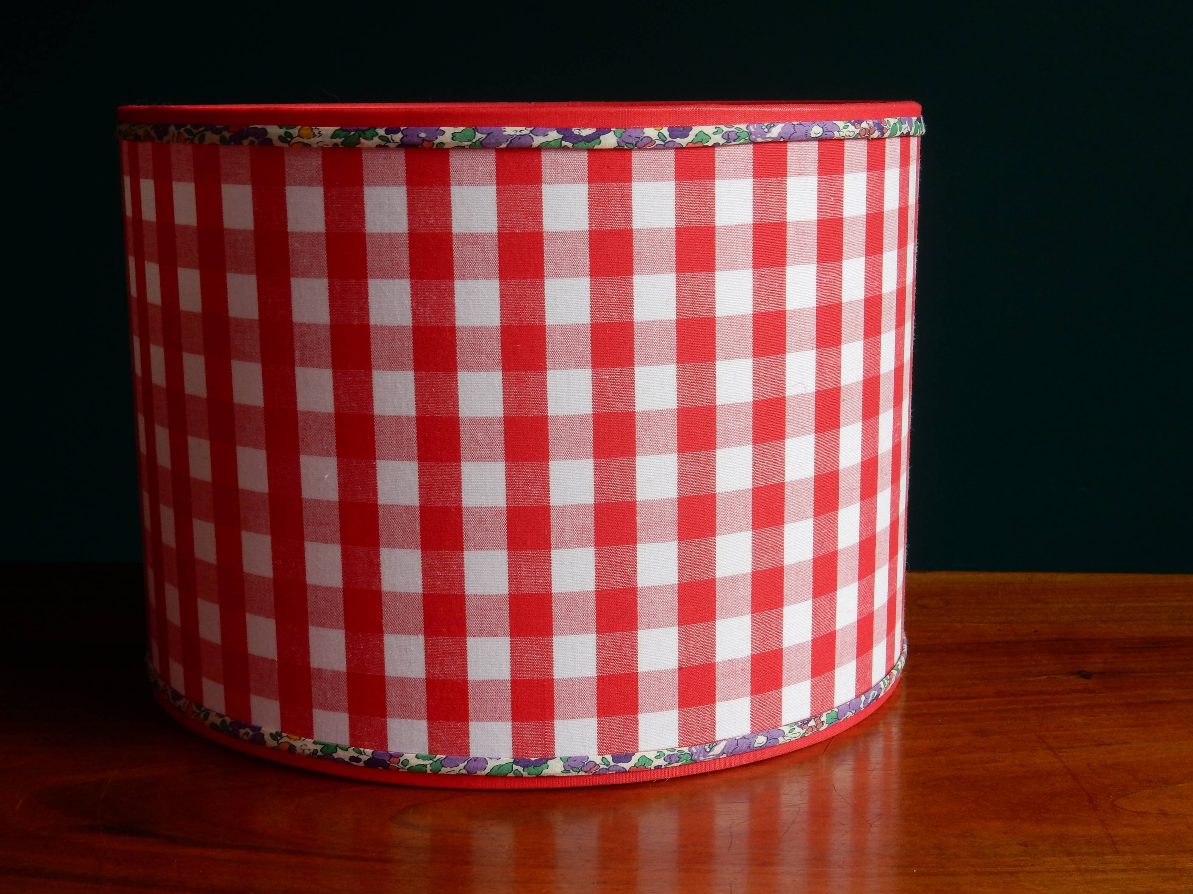 Red gingham and liberty cylindrical lampshade