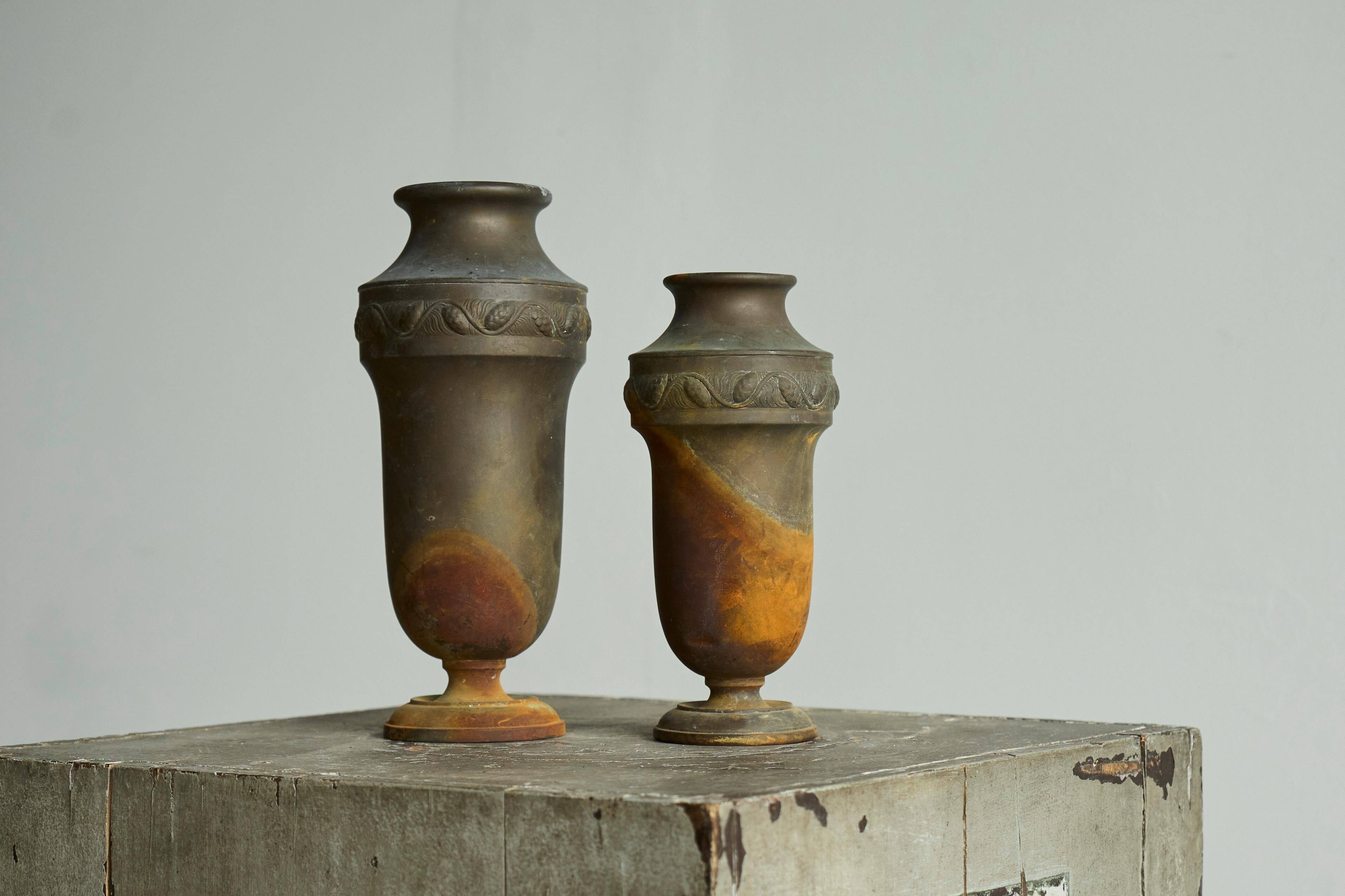 Art Deco vase in patinated metal, unique Wabi-Sabi piece.