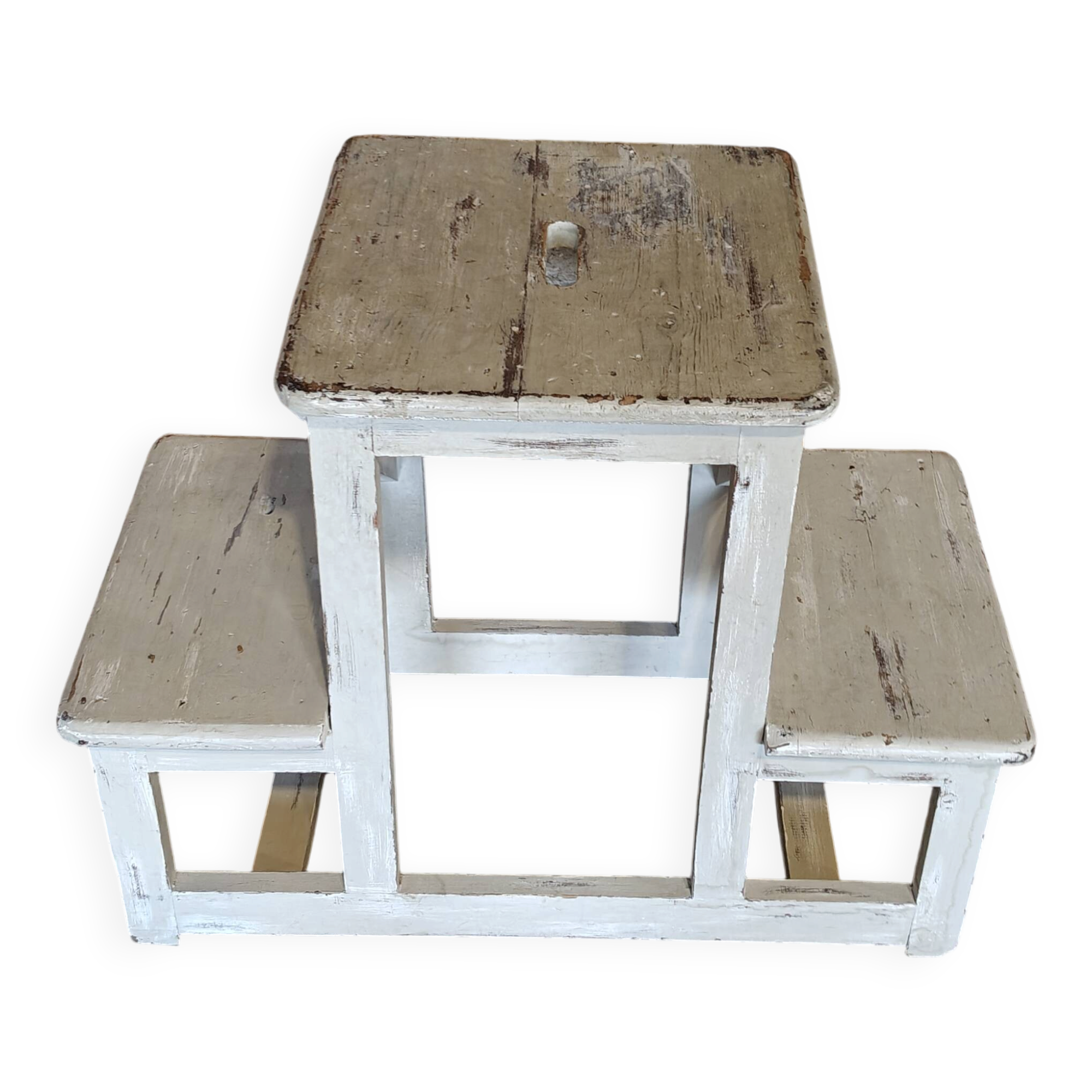 Ancien marchepied / escabeau en bois patiné – style brocante campagne