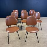 Set of 8 retro bistro chairs in cognac leatherette and black steel legs