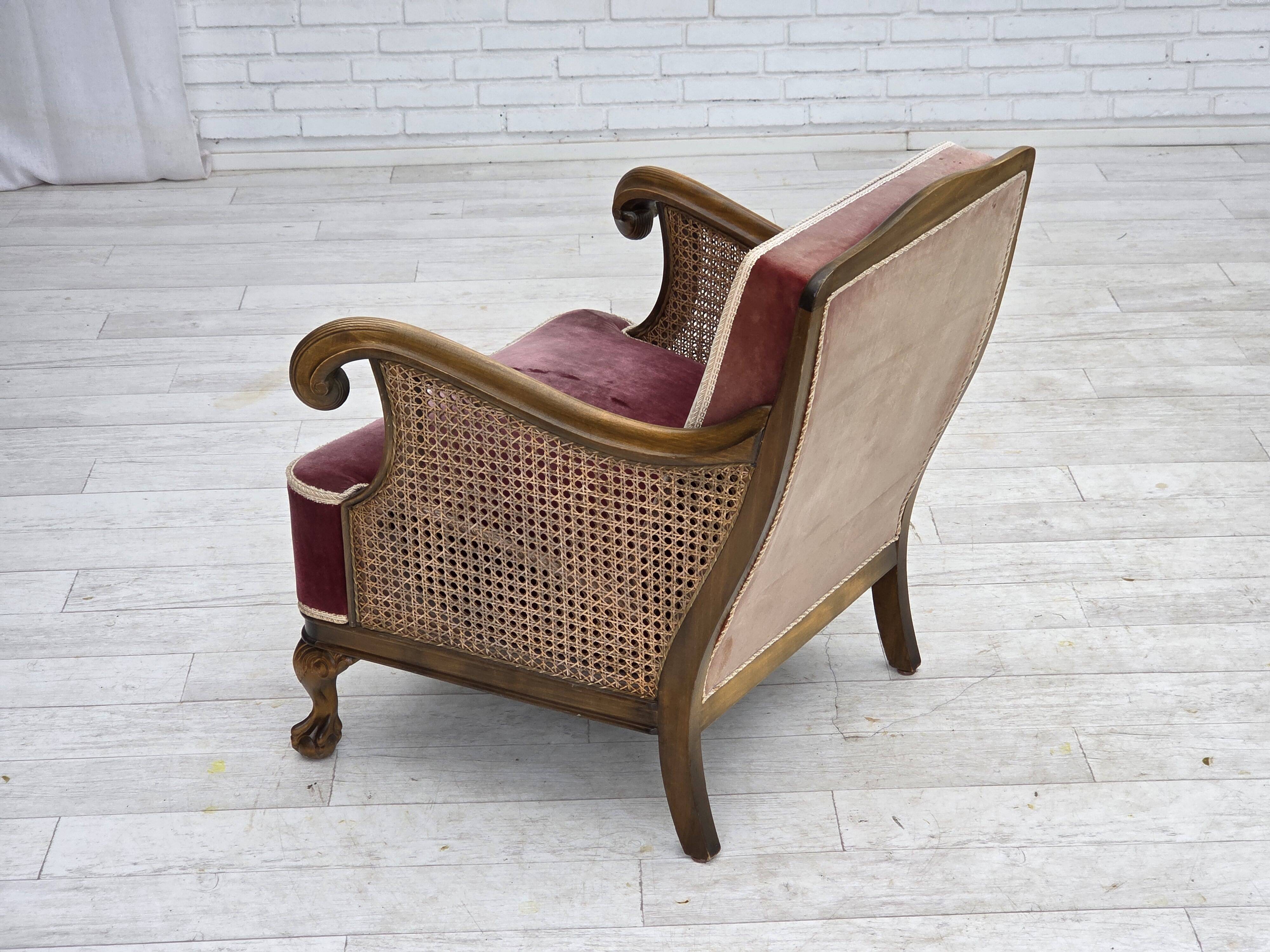 1940s, Danish armchair, woven wool, velour, mesh, carved oak wood.