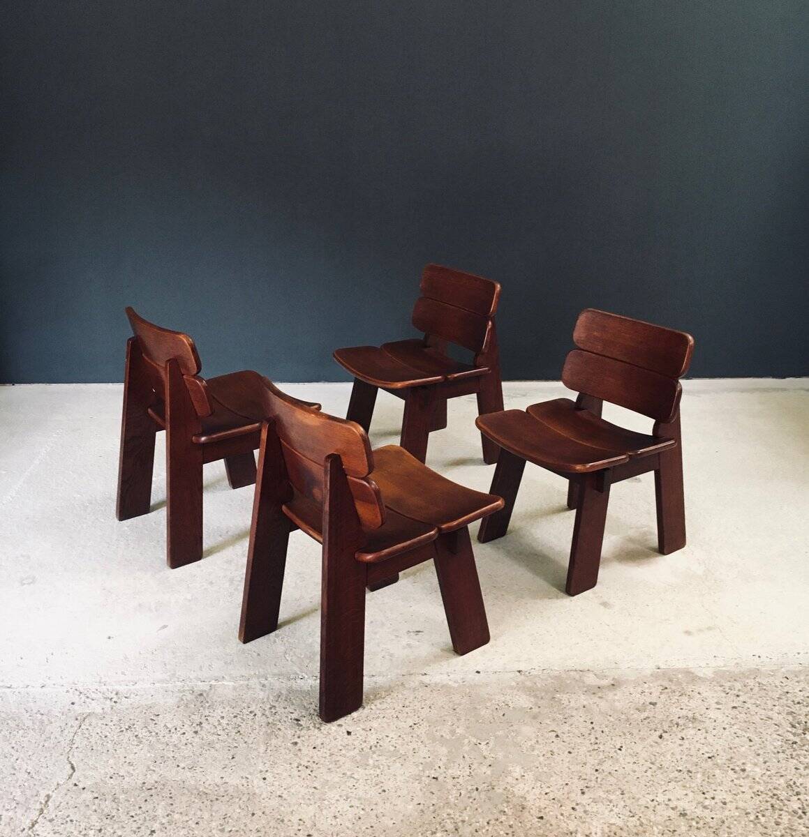 Constructivist Oak Dining Chairs, Belgium, 1960s, Set of 4