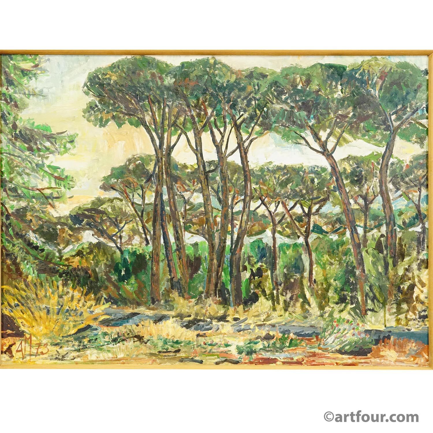 Oil painting by Alexander Michael of a pine forest near Ostia, Italy 1973