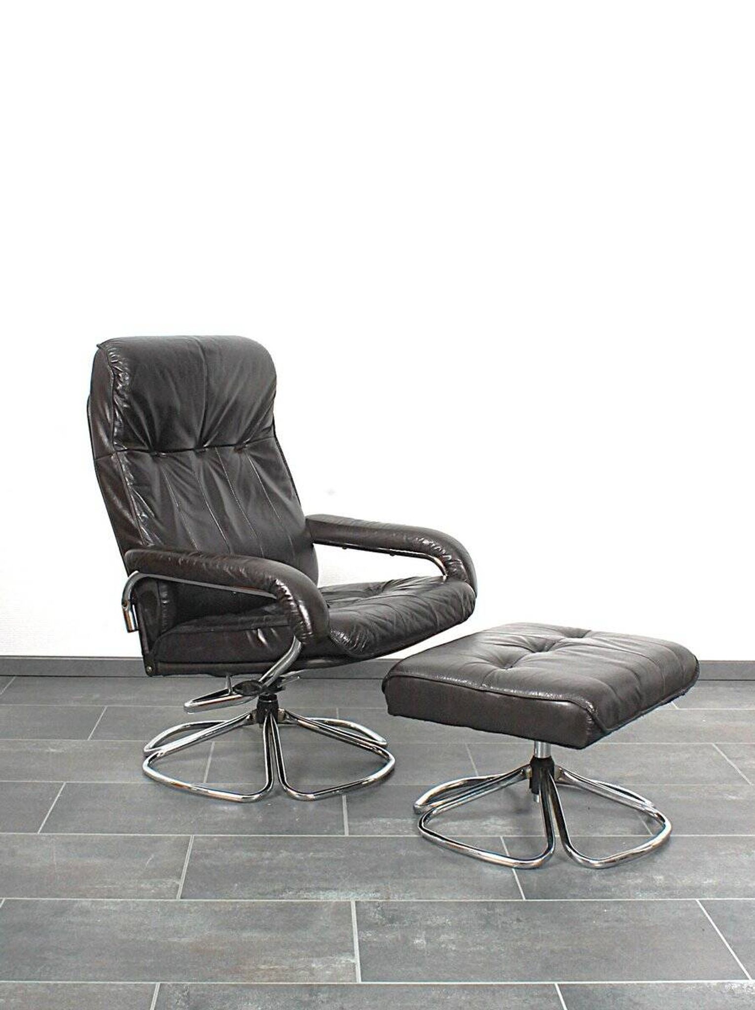 Unico 1970s Dark Brown Leather Lounge Chair and Ottoman Set of 2