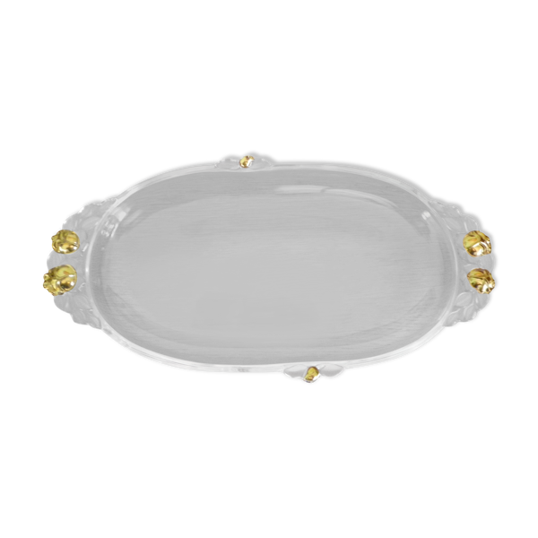 Plat de service vintage en verre transparent et bordures moulées en verre opaque avec dorure