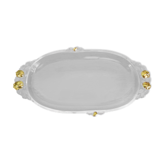 Vintage serving dish in transparent glass and molded borders in opaque glass with gilding