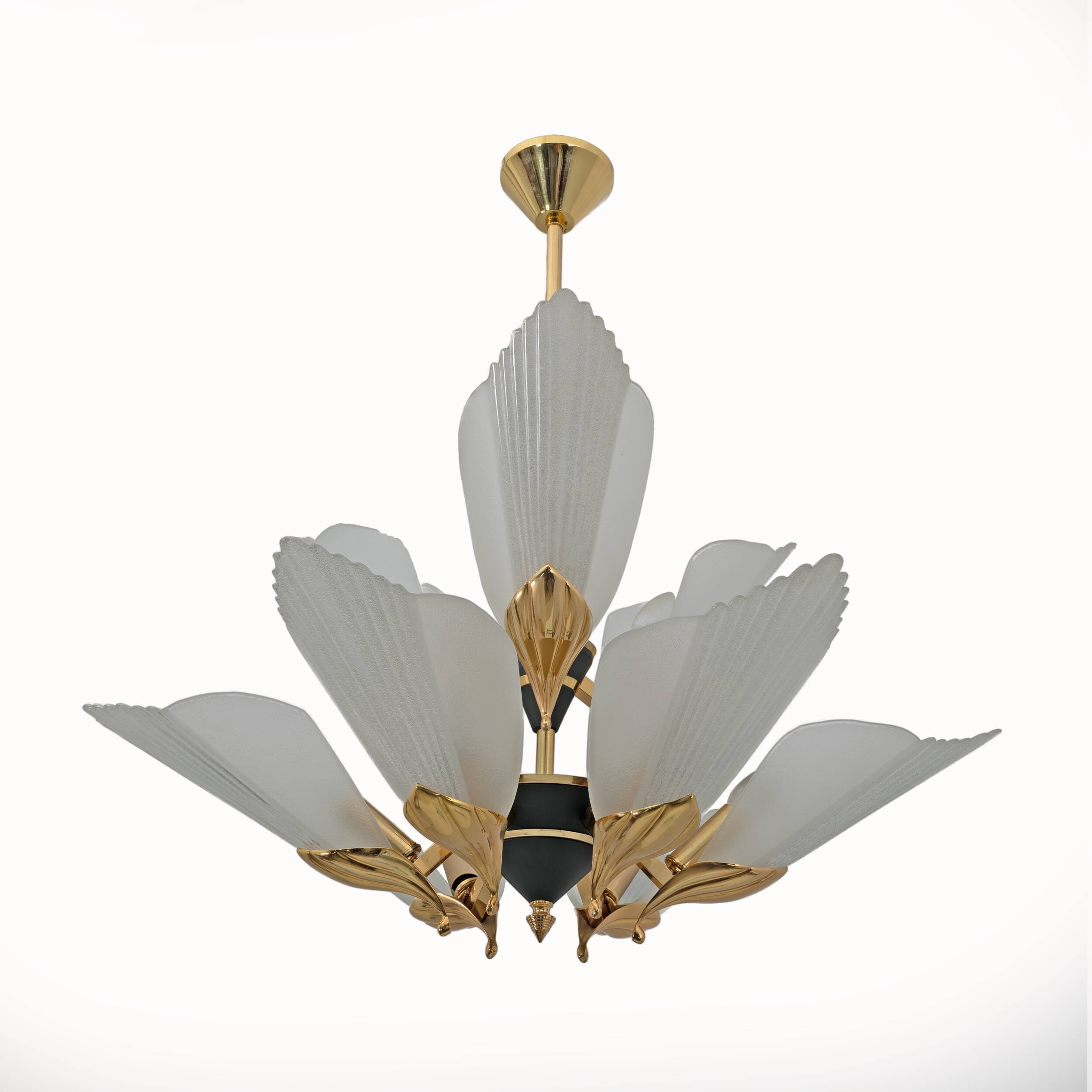Nine-light Chandelier Brass and Acid-etched Glass by F. Fabbian, 1980s