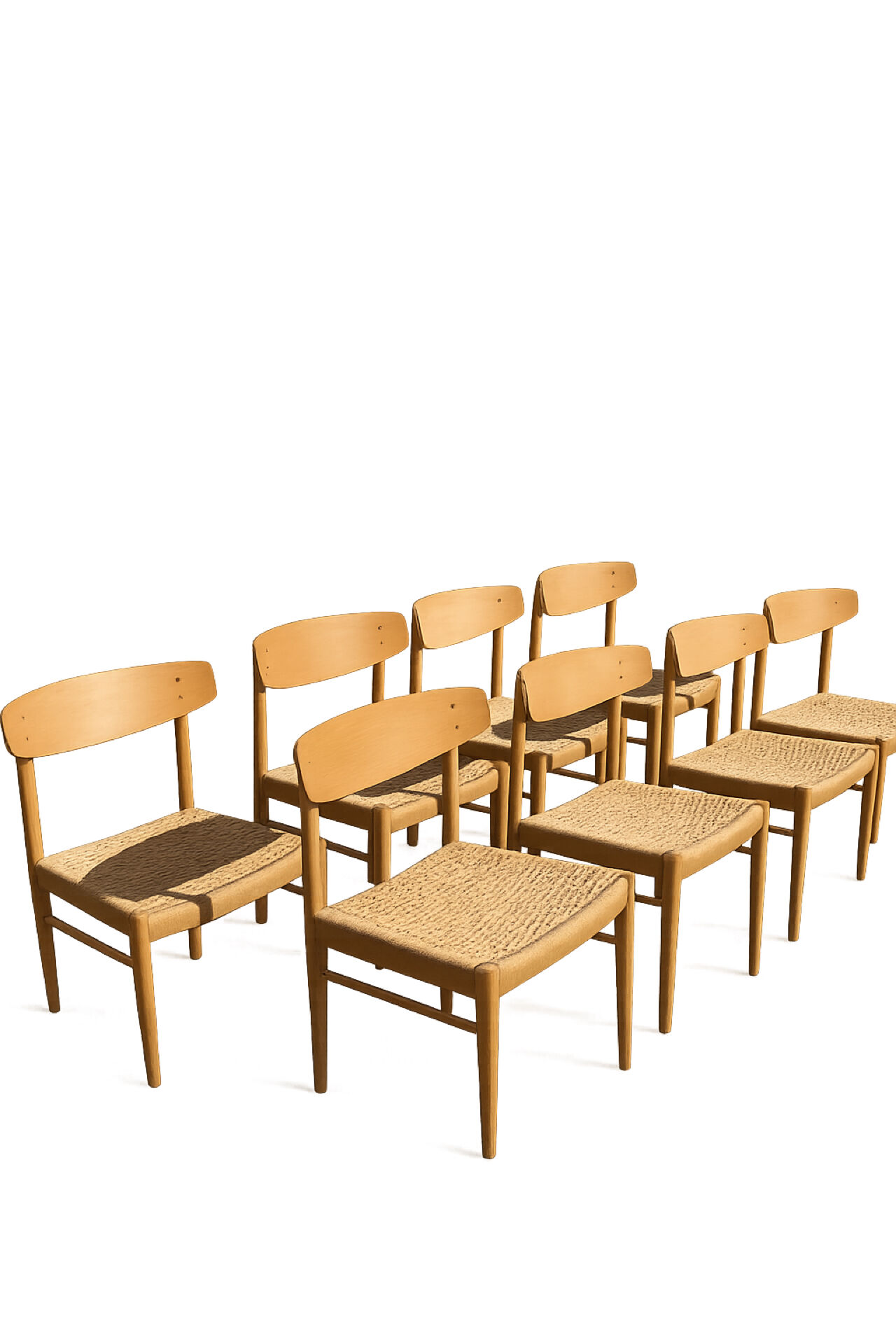 8 dining chairs in oak  w/ paper cord