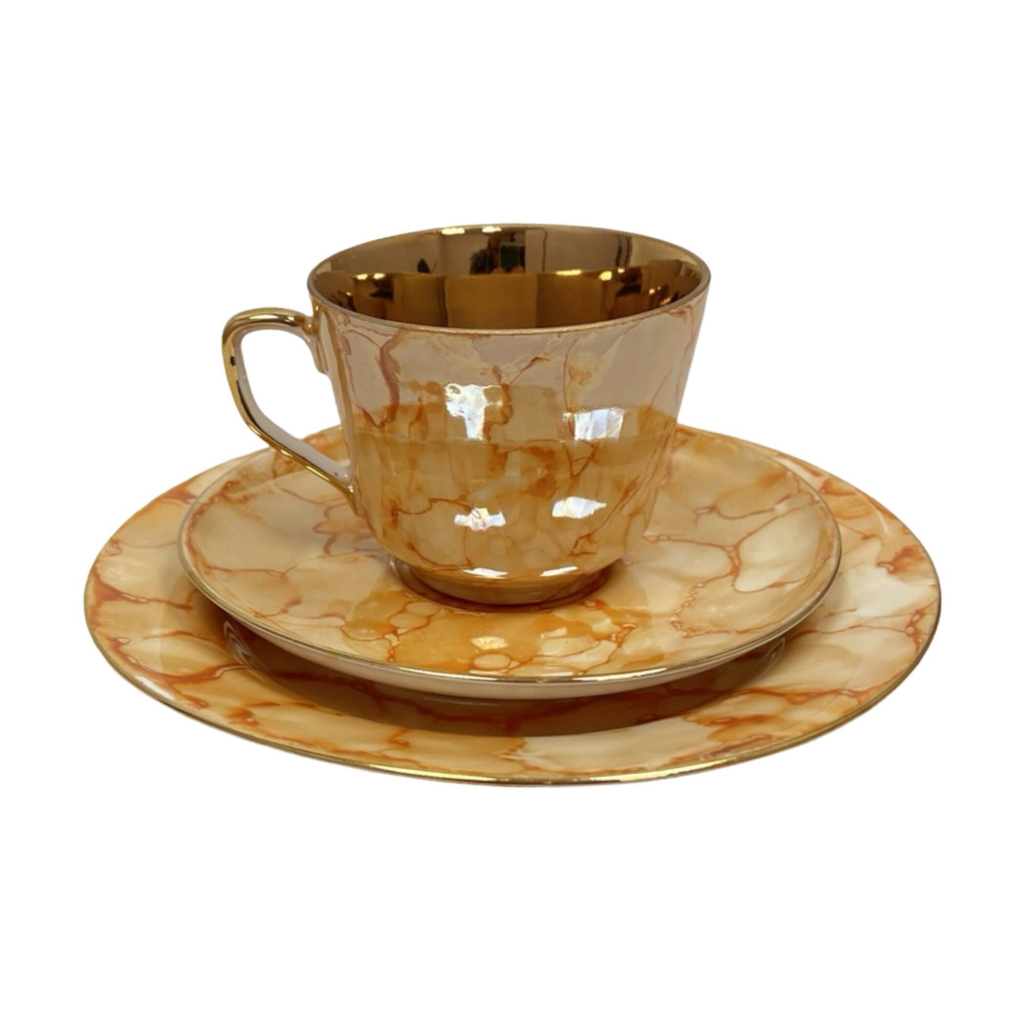 Ensemble de petit-déjeuner "Trio" de Chodzież – design marbré doré, époque PRL (années 1970).