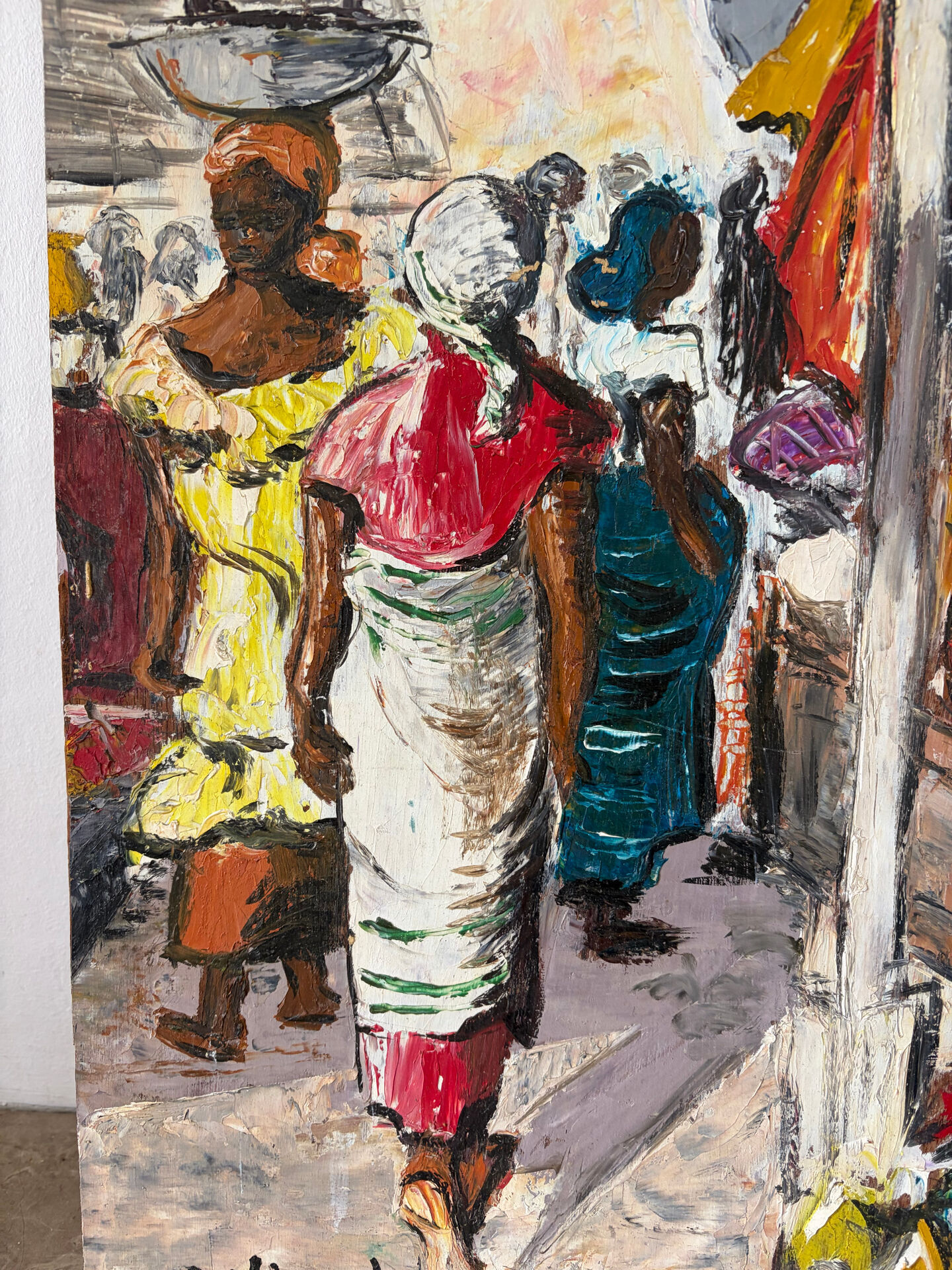 Market in Dakar, oil on panel signed G Vignesoult.
