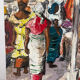 Market in Dakar, oil on panel signed G Vignesoult.