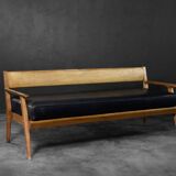 Vintage Mid-Century German Modern Oak & Black Leather Sofa, 1960s