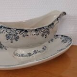 Saucière sur pied en terre de fer bleu/vert modèle "Mignon", H & Cie Sarreguemines