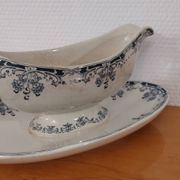 Gravy boat on foot in blue/green iron clay model "Mignon", H & Cie Sarreguemines