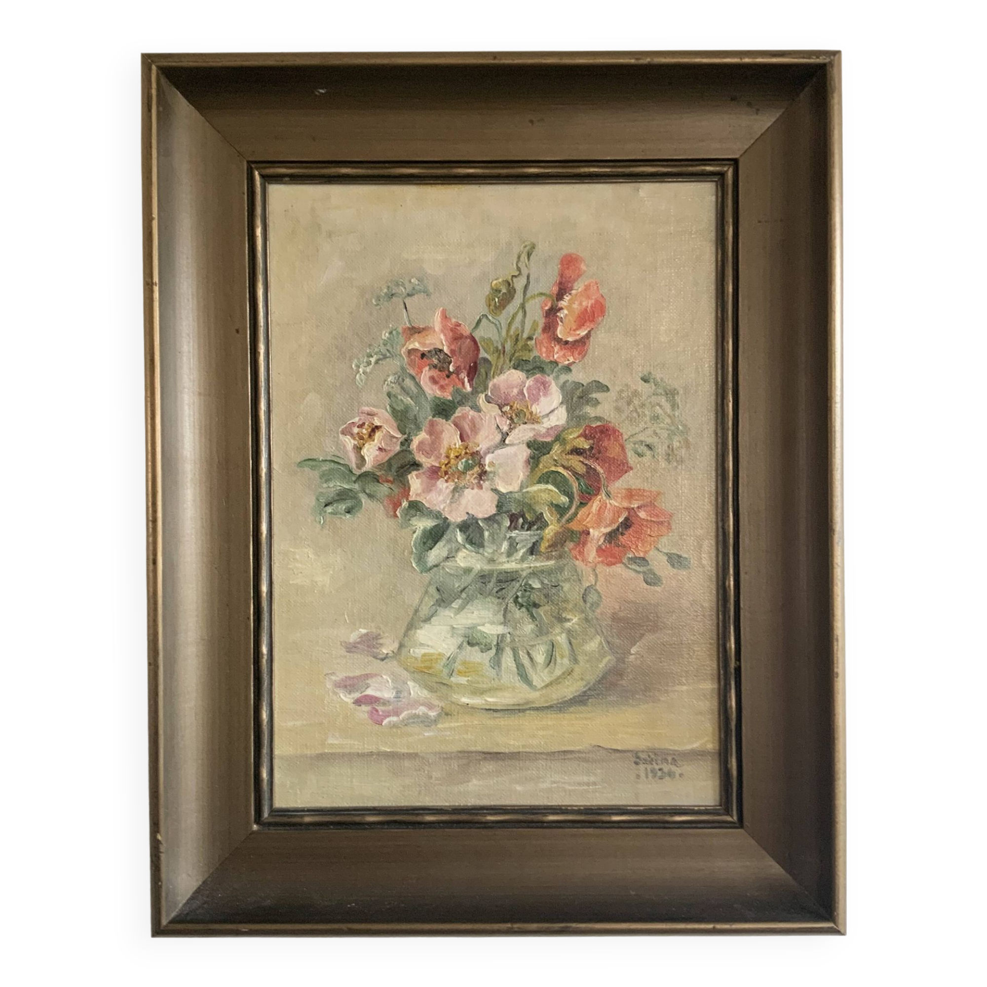 Antique oil painting still life with flowers 1936, signed