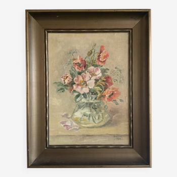 Antique oil painting still life with flowers 1936, signed