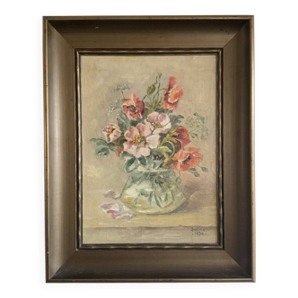 Peinture à l'huile ancienne nature morte aux fleurs 1936, signée