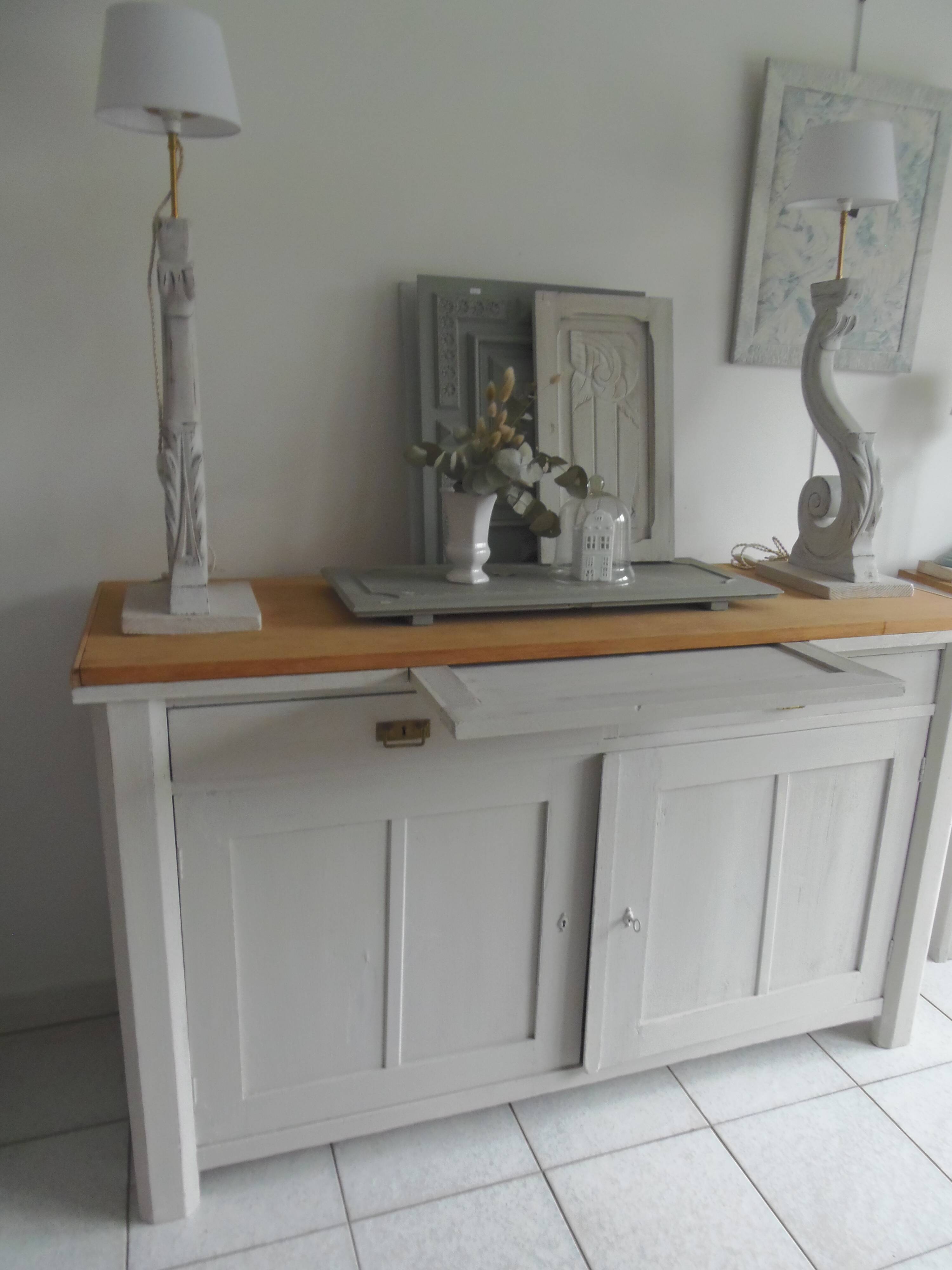 Vintage sideboard, 2 drawers, 1 shelf, 2 pearl gray patinated doors, wooden top.