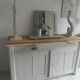 Vintage sideboard, 2 drawers, 1 shelf, 2 pearl gray patinated doors, wooden top.