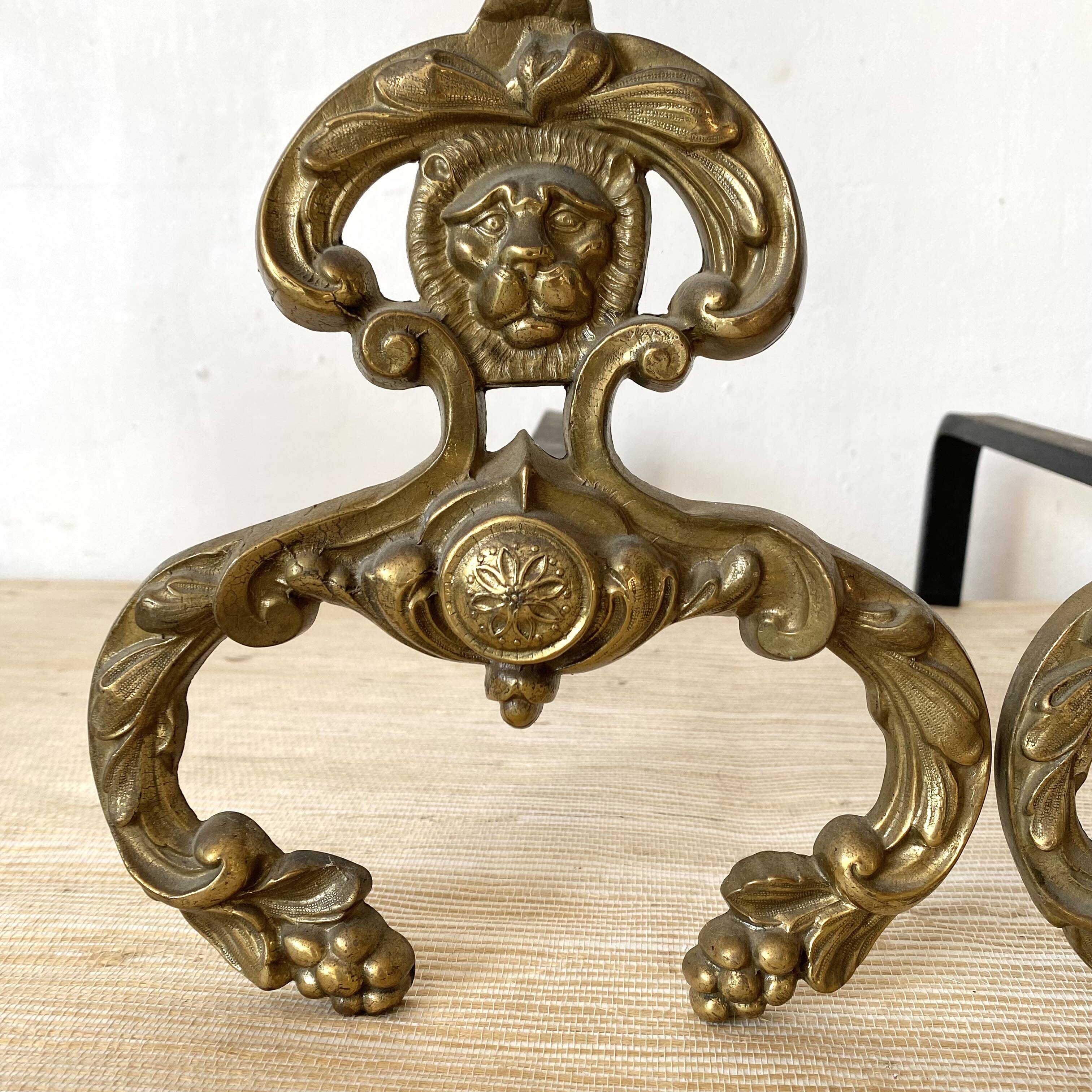 Pair of brass andirons, lion head