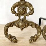 Paire de chenets en laiton , tête de lion