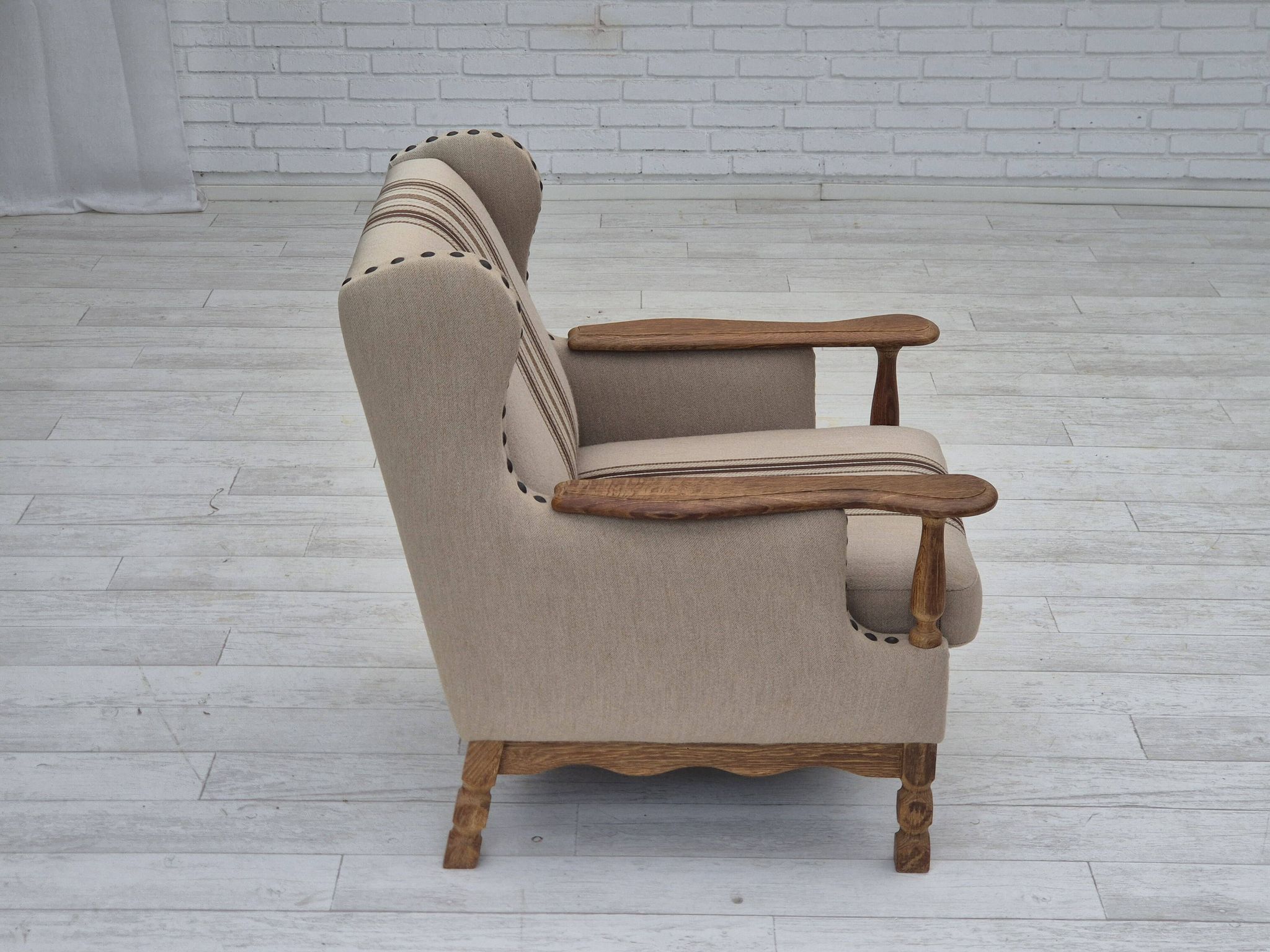 1970s, Danish armchair, furniture wool fabric, oak wood, original condition