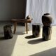 Black petrified wood side table with beige side H35 D24 - 3352
