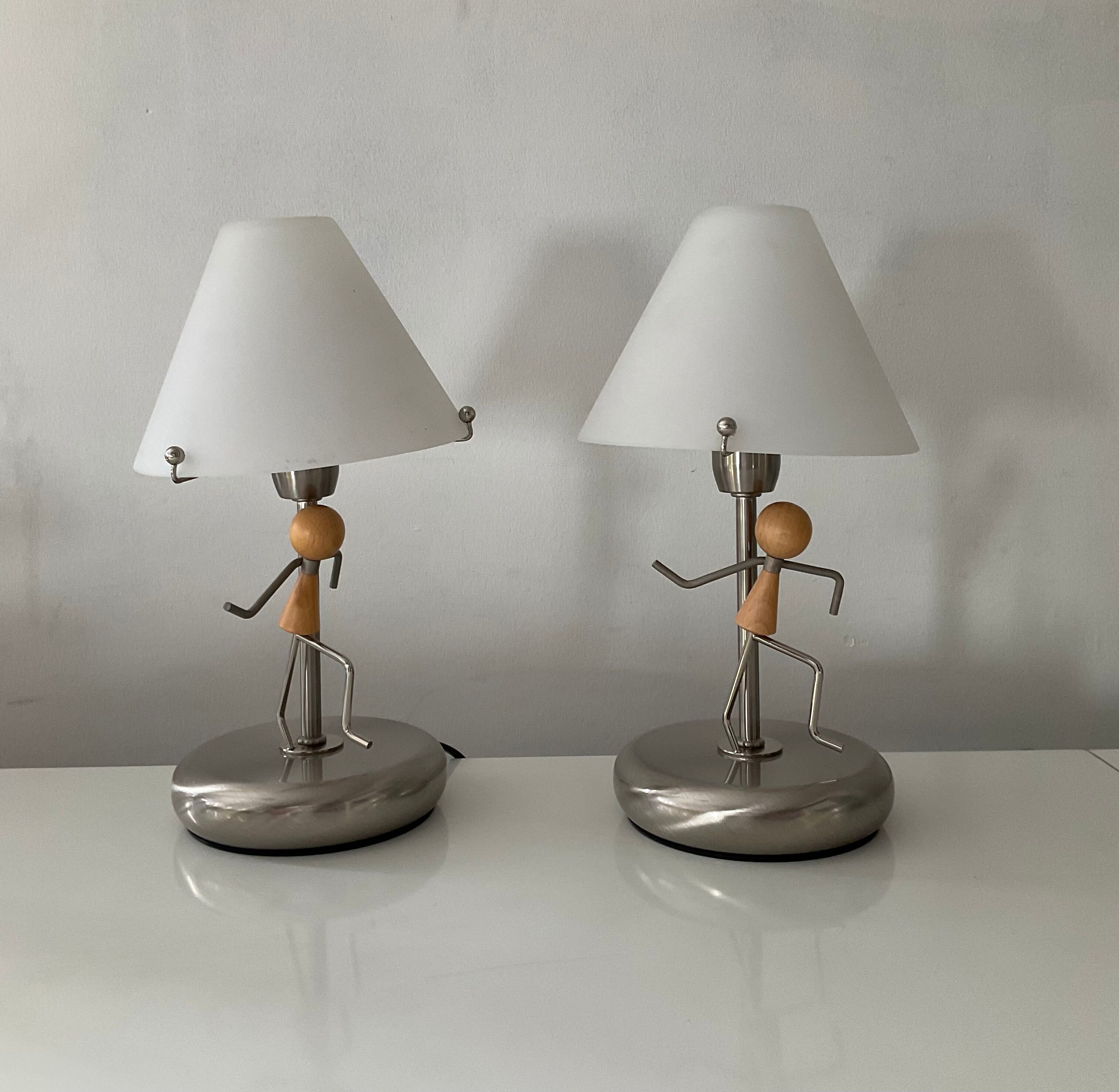 Pair of vintage lamps in wood and chrome metal