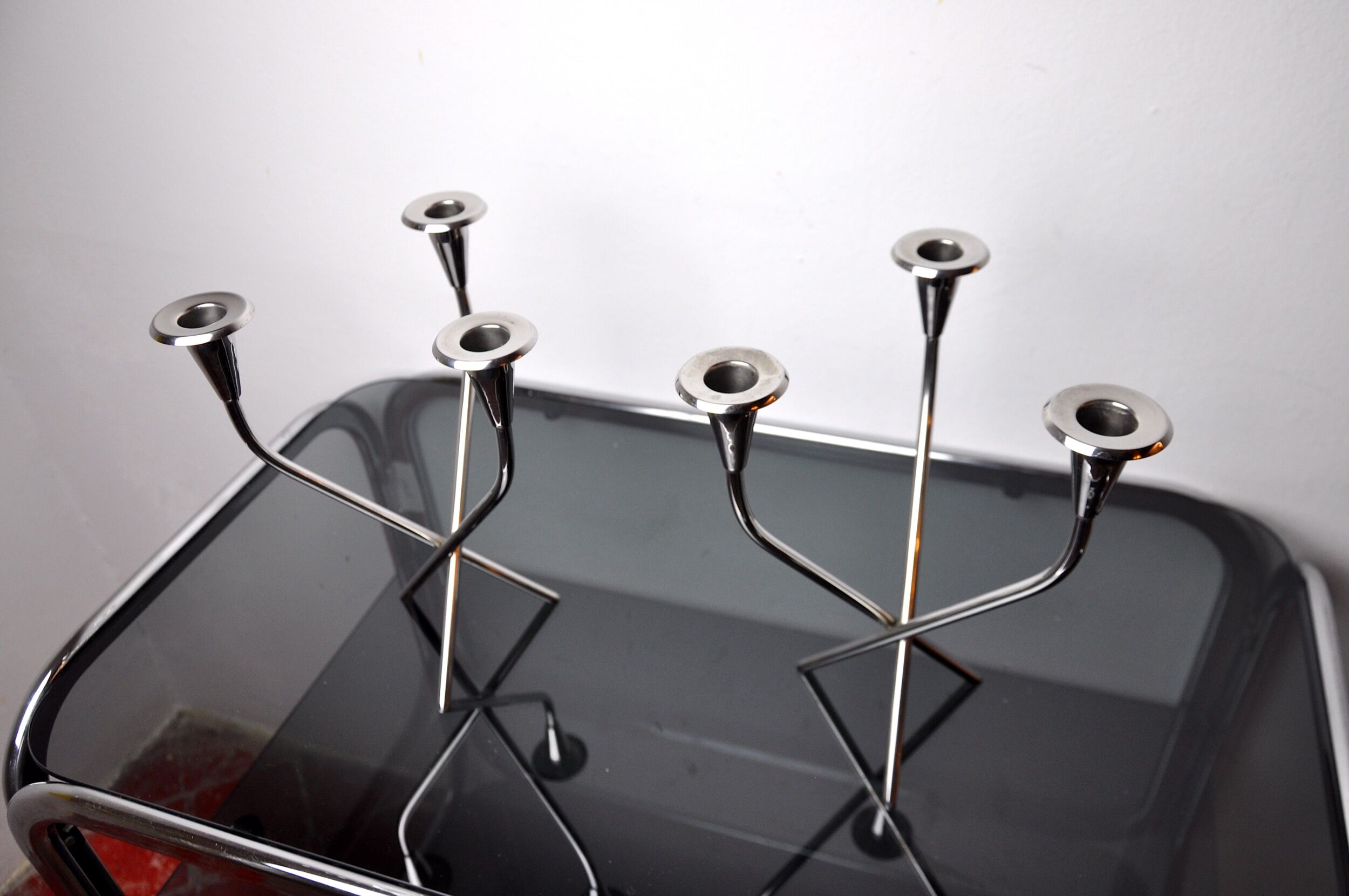 Pair of Scandinavian 3-arm candlesticks in alpaca, Sweden, 1970