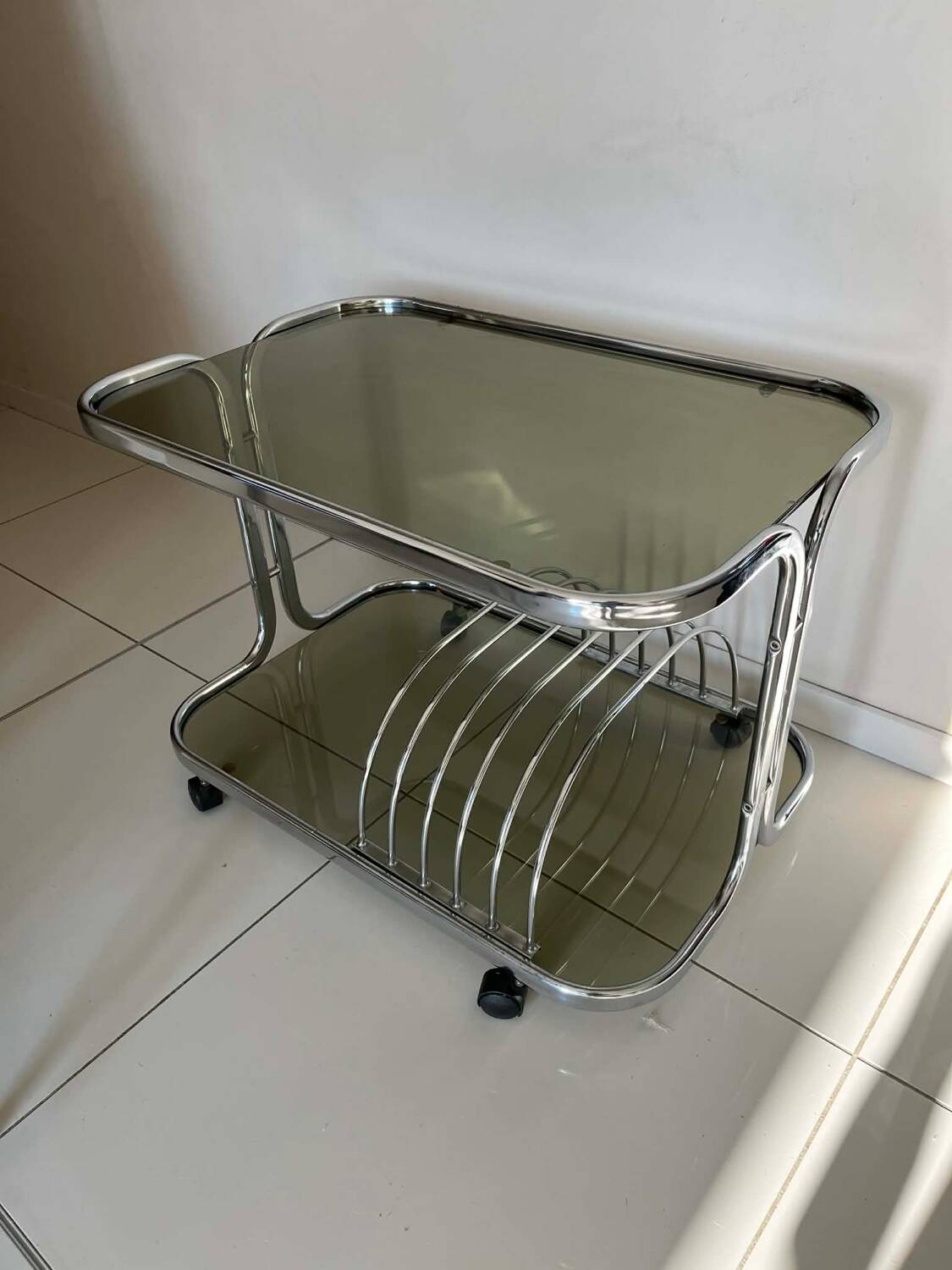 1970s chrome and smoked glass side table with magazine and vinyl rack.